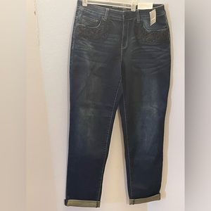 Chicos Size 1 Reg.Platinum Relaxed Ankle Dark Wash Beaded Lace Jeans, US Size 8